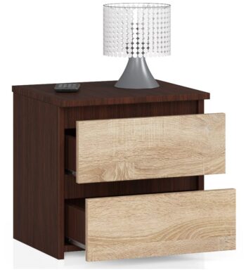 CALIN40: Elegancia wenge v kombinácii s prírodným dubom Sonoma Obohaťte svoju spálňu o kúsok nábytku, ktorý kombinuje hlboké tóny wenge s jemným a prírodným dubom Sonoma. CALIN40 je nočný stolík, ktorý spája v sebe nielen funkčnosť, ale aj výnimočný dizajn.  Materiál: Kvalitný a dlhotrvajúci LTD garantuje odolnosť a dlhú životnosť tohto stolíka. Rozmery: S ideálnymi rozmermi 40 x 40 x 35 cm sa ľahko zmestí do každej spálne, či už máte priestranný byt alebo útulný izbičku. Farba: Temné tóny wenge v kombinácii s dubom Sonoma prinášajú do interiéru hrejivosť a elegantný vzhľad. Funkcia: Tiché dovieranie zaisťuje, že žiadne rázy alebo hluky vás v noci nevyrušia z pokojného spánku. Vybavenie: Dve priestranné zásuvky ponúknu dostatok miesta na uloženie vašich najdôležitejších vecí. Štýl : Moderné a dizajnové línie tohto nočného stolíka budú skvelým doplnkom k vášmu posteľnému zariadeniu.  Dajte svojmu interiéru nádych luxusu a komfortu s nočným stolíkom CALIN40. Kombinácia wenge a dubu Sonoma premení vašu spálňu na útočisko pokoja a elegancie.