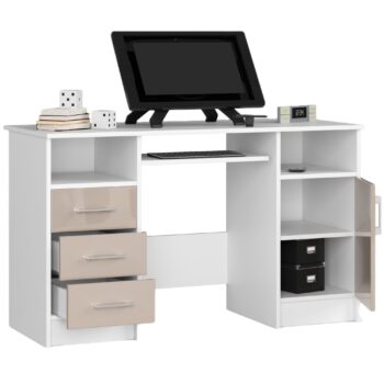 Dizajnový Písací stôl ANNA124 v kombinácii bielej a capuccino lesku ANNA124 reprezentuje dokonalú kombináciu elegancie a funkčnosti. Tento písací stôl v bielej farbe s dotykom capuccino lesku je ideálnym riešením pre každú detskú izbu, kanceláriu či pracovňu.  Materiál: LTD - kvalitný a odolný materiál pre dlhú životnosť nábytku. Rozmery: 74 x 124 x 52 cm, poskytujúce dostatok priestoru pre efektívnu prácu. Farba: Svieža biela doplnená teplým capuccino leskom, čo dodáva stolu luxusný vzhľad. Vybavenie: Tri priestranné zásuvky a výsuvná doska pre klávesnicu, ponúkajúca maximálny komfort a organizáciu. < strong>Štýl: Moderný dizajn s lesklým dekorom, ktorý sa stane dominantou vášho priestoru. Počet políc: 5 - ideálny na usporiadanie všetkých vašich dokumentov a kancelárskych potrieb.   Obohaťte svoj interiér o stôl ANNA124, ktorý kombinuje krásu s funkciou a stane sa stredobodom vášho pracovného prostredia.