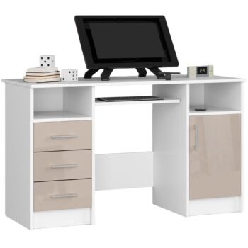 Dizajnový Písací stôl ANNA124 v kombinácii bielej a capuccino lesku ANNA124 reprezentuje dokonalú kombináciu elegancie a funkčnosti. Tento písací stôl v bielej farbe s dotykom capuccino lesku je ideálnym riešením pre každú detskú izbu, kanceláriu či pracovňu.  Materiál: LTD - kvalitný a odolný materiál pre dlhú životnosť nábytku. Rozmery: 74 x 124 x 52 cm, poskytujúce dostatok priestoru pre efektívnu prácu. Farba: Svieža biela doplnená teplým capuccino leskom, čo dodáva stolu luxusný vzhľad. Vybavenie: Tri priestranné zásuvky a výsuvná doska pre klávesnicu, ponúkajúca maximálny komfort a organizáciu. < strong>Štýl: Moderný dizajn s lesklým dekorom, ktorý sa stane dominantou vášho priestoru. Počet políc: 5 - ideálny na usporiadanie všetkých vašich dokumentov a kancelárskych potrieb.   Obohaťte svoj interiér o stôl ANNA124, ktorý kombinuje krásu s funkciou a stane sa stredobodom vášho pracovného prostredia.