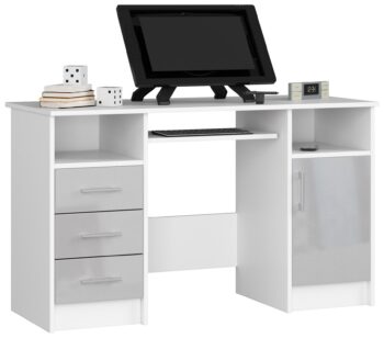 Písací stôl ANNA124  Elegantný a dizajnový písací stôl ANNA124 kombinuje moderný vzhľad s funkčnosťou. V odtieňoch bielej doplnenej o metalic lesk sa tento stôl perfektne hodí do detskej izby, kancelárie či pracovne.  Materiál: LTD s výrazným lesklým dekorom zaručuje kvalitu a štýlový vzhľad.  Rozmery: 74 x 124 x 52 cm Vybavenie: 3 praktické zásuvky a výsuvná doska pre klávesnicu ponúka komfortné pracovné prostredie. Počet políc: 5, poskytujúci dostatok miesta pre všetky vaše potreby a usporiadanie.   Vďaka svojmu modernému dizajnu a premysleným funkciám je stôl ANNA124 ideálnou voľbou pre tých, ktorí chcú spojiť štýl a praktickosť.