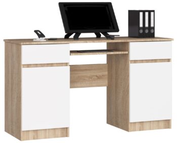 Písací stôl ANNA135: Elegancia duba Sonoma spojená s čistotou bielej Stretnutie tradičného dreva s moderným dizajnom - to je písací stôl ANNA135. S dokonalou kombináciou duba Sonoma a sviežej bielej predstavuje stôl, ktorý nie je len funkčný, ale aj esteticky pôsobivý. Ideálny pre detskú izbu, kancelária či pracovňu, tento stôl je stvorený pre tých, ktorí hľadajú dokonalú rovnováhu medzi štýlom a funkciou. Najvýznamnejšie vlastnosti produktu:  Materiál: Kvalitné LTD s elegantným povrchom duba Sonoma doplneným sviežou bielou - kombinácia trvanlivosti a štýlového vzhľadu< /li> Rozmery: 77 x 135 x 50 cm - ideálna veľkosť pre moderné životné priestory Farba: Dub Sonoma doplnený bielou - unikátny spojenie, ktoré dodáva interiéru výraz Vybavenie: 2 priestranné zásuvky a výsuvná doska na klávesnici - komfortné a efektívne riešenie Štýl: Moderný a dizajnový - perfektný pre súčasné interiérové trendy Počet políc: 5 - ponúka dostatok miesta na uskladnenie všetkých nevyhnutností  Investujte do kvality a štýlu s písacím stolom ANNA135. Či už plánujete modernizovať detskú izbu alebo priniesť novú energiu do pracovného priestoru, tento stôl je ideálnym riešením.
