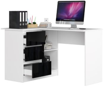 Rohový písací stôl HERRA124L: Elegantná kombinácia bielej a čierneho lesku HERRA124L je moderne dizajnový rohový písací stôl, ktorý skvele oživí ako detskú izbu, tak aj kanceláriu či pracovňu. Jeho kombinácia bielej a čiernej lesklej dekorácie z nej robí elegantný a súčasne praktický kúsok nábytku.  Dimenzia: Rozmery 77 x 124 x 85 cm ponúkajú dostatok priestoru pre pohodlnú prácu.  Materiál: Kvalitný LTD materiál garantuje dlhú životnosť a odolnosť proti opotrebovaniu. Farba a dekor: Štýlová kombinácia bielej a čiernej lesku prinesie do miestnosti moderný vzhľad. Vybavenie: Tri priestranné zásuvky umožňujú ľahké skladovanie potrebných materiálov a dokumentov. Police: Dve praktické police pre ďalší úložný priestor. Tvar: Vďaka rohovému tvaru je možné stôl efektívne umiestniť do rôznych konfigurácií miestnosti.  Ľavé prevedenie. HERRA124L je nielen funkčný, ale aj vizuálne pôsobivý nábytok. S touto kombináciou praktickosti a štýlu budete mať istotu, že ste urobili správnu voľbu pre svoj interiér.