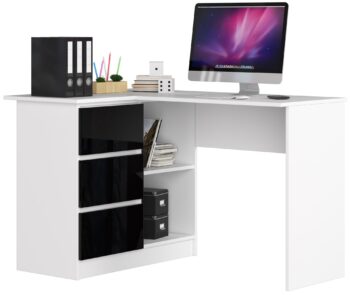 Rohový písací stôl HERRA124L: Elegantná kombinácia bielej a čierneho lesku HERRA124L je moderne dizajnový rohový písací stôl, ktorý skvele oživí ako detskú izbu, tak aj kanceláriu či pracovňu. Jeho kombinácia bielej a čiernej lesklej dekorácie z nej robí elegantný a súčasne praktický kúsok nábytku.  Dimenzia: Rozmery 77 x 124 x 85 cm ponúkajú dostatok priestoru pre pohodlnú prácu.  Materiál: Kvalitný LTD materiál garantuje dlhú životnosť a odolnosť proti opotrebovaniu. Farba a dekor: Štýlová kombinácia bielej a čiernej lesku prinesie do miestnosti moderný vzhľad. Vybavenie: Tri priestranné zásuvky umožňujú ľahké skladovanie potrebných materiálov a dokumentov. Police: Dve praktické police pre ďalší úložný priestor. Tvar: Vďaka rohovému tvaru je možné stôl efektívne umiestniť do rôznych konfigurácií miestnosti.  Ľavé prevedenie. HERRA124L je nielen funkčný, ale aj vizuálne pôsobivý nábytok. S touto kombináciou praktickosti a štýlu budete mať istotu, že ste urobili správnu voľbu pre svoj interiér.