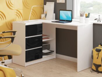 Rohový písací stôl HERRA124L: Elegantná kombinácia bielej a čierneho lesku HERRA124L je moderne dizajnový rohový písací stôl, ktorý skvele oživí ako detskú izbu, tak aj kanceláriu či pracovňu. Jeho kombinácia bielej a čiernej lesklej dekorácie z nej robí elegantný a súčasne praktický kúsok nábytku.  Dimenzia: Rozmery 77 x 124 x 85 cm ponúkajú dostatok priestoru pre pohodlnú prácu.  Materiál: Kvalitný LTD materiál garantuje dlhú životnosť a odolnosť proti opotrebovaniu. Farba a dekor: Štýlová kombinácia bielej a čiernej lesku prinesie do miestnosti moderný vzhľad. Vybavenie: Tri priestranné zásuvky umožňujú ľahké skladovanie potrebných materiálov a dokumentov. Police: Dve praktické police pre ďalší úložný priestor. Tvar: Vďaka rohovému tvaru je možné stôl efektívne umiestniť do rôznych konfigurácií miestnosti.  Ľavé prevedenie. HERRA124L je nielen funkčný, ale aj vizuálne pôsobivý nábytok. S touto kombináciou praktickosti a štýlu budete mať istotu, že ste urobili správnu voľbu pre svoj interiér.