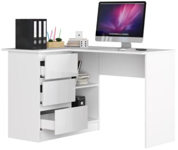 Rohový písací stôl HERRA124L: Elegantný lesklý dizajn pre vašu miestnosť Chcete moderný stôl, ktorý bude obohacením pre detskú izbu, kanceláriu alebo pracovňu? HERRA124L je písací stôl, ktorý spája dizajn s praktickosťou. Jeho biela farba doplnená lesklým dekorom pridáva na elegancii a modernom vzhľade.  Dimenzia: S rozmermi 77 x 124 x 85 cm ponúka dostatočný pracovný priestor. < li>Materiál: Vyrobený z odolného LTD materiálu, garantuje dlhú životnosť. Farba a dekor: Oslnivá kombinácia bielej a bieleho lesku dodáva stolu svieži a moderný vzhľad. Vybavenie: Tri zásuvky poskytujú dostatok úložného priestoru pre vaše potreby. Police: Dve praktické police na uloženie kníh , dokumentov alebo dekorácií. Tvar: Rohová konštrukcia opticky rozšíri miestnosť a využije priestor čo najefektívnejšie.  Ľavé prevedenie. Písací stôl HERRA124L je ideálnym riešením pre tých, ktorí hľadajú kombináciu moderného dizajnu a funkcionality. Pridajte tento stôl do svojej miestnosti a získajte nielen praktický kus nábytku, ale aj esteticky príťažlivý prvok.