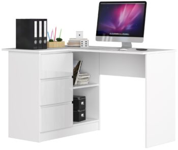 Rohový písací stôl HERRA124L: Elegantný lesklý dizajn pre vašu miestnosť Chcete moderný stôl, ktorý bude obohacením pre detskú izbu, kanceláriu alebo pracovňu? HERRA124L je písací stôl, ktorý spája dizajn s praktickosťou. Jeho biela farba doplnená lesklým dekorom pridáva na elegancii a modernom vzhľade.  Dimenzia: S rozmermi 77 x 124 x 85 cm ponúka dostatočný pracovný priestor. < li>Materiál: Vyrobený z odolného LTD materiálu, garantuje dlhú životnosť. Farba a dekor: Oslnivá kombinácia bielej a bieleho lesku dodáva stolu svieži a moderný vzhľad. Vybavenie: Tri zásuvky poskytujú dostatok úložného priestoru pre vaše potreby. Police: Dve praktické police na uloženie kníh , dokumentov alebo dekorácií. Tvar: Rohová konštrukcia opticky rozšíri miestnosť a využije priestor čo najefektívnejšie.  Ľavé prevedenie. Písací stôl HERRA124L je ideálnym riešením pre tých, ktorí hľadajú kombináciu moderného dizajnu a funkcionality. Pridajte tento stôl do svojej miestnosti a získajte nielen praktický kus nábytku, ale aj esteticky príťažlivý prvok.