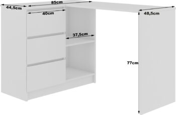 Rohový písací stôl HERRA124L: Elegantný lesklý dizajn pre vašu miestnosť Chcete moderný stôl, ktorý bude obohacením pre detskú izbu, kanceláriu alebo pracovňu? HERRA124L je písací stôl, ktorý spája dizajn s praktickosťou. Jeho biela farba doplnená lesklým dekorom pridáva na elegancii a modernom vzhľade.  Dimenzia: S rozmermi 77 x 124 x 85 cm ponúka dostatočný pracovný priestor. < li>Materiál: Vyrobený z odolného LTD materiálu, garantuje dlhú životnosť. Farba a dekor: Oslnivá kombinácia bielej a bieleho lesku dodáva stolu svieži a moderný vzhľad. Vybavenie: Tri zásuvky poskytujú dostatok úložného priestoru pre vaše potreby. Police: Dve praktické police na uloženie kníh , dokumentov alebo dekorácií. Tvar: Rohová konštrukcia opticky rozšíri miestnosť a využije priestor čo najefektívnejšie.  Ľavé prevedenie. Písací stôl HERRA124L je ideálnym riešením pre tých, ktorí hľadajú kombináciu moderného dizajnu a funkcionality. Pridajte tento stôl do svojej miestnosti a získajte nielen praktický kus nábytku, ale aj esteticky príťažlivý prvok.