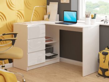 Rohový písací stôl HERRA124L: Elegantný lesklý dizajn pre vašu miestnosť Chcete moderný stôl, ktorý bude obohacením pre detskú izbu, kanceláriu alebo pracovňu? HERRA124L je písací stôl, ktorý spája dizajn s praktickosťou. Jeho biela farba doplnená lesklým dekorom pridáva na elegancii a modernom vzhľade.  Dimenzia: S rozmermi 77 x 124 x 85 cm ponúka dostatočný pracovný priestor. < li>Materiál: Vyrobený z odolného LTD materiálu, garantuje dlhú životnosť. Farba a dekor: Oslnivá kombinácia bielej a bieleho lesku dodáva stolu svieži a moderný vzhľad. Vybavenie: Tri zásuvky poskytujú dostatok úložného priestoru pre vaše potreby. Police: Dve praktické police na uloženie kníh , dokumentov alebo dekorácií. Tvar: Rohová konštrukcia opticky rozšíri miestnosť a využije priestor čo najefektívnejšie.  Ľavé prevedenie. Písací stôl HERRA124L je ideálnym riešením pre tých, ktorí hľadajú kombináciu moderného dizajnu a funkcionality. Pridajte tento stôl do svojej miestnosti a získajte nielen praktický kus nábytku, ale aj esteticky príťažlivý prvok.