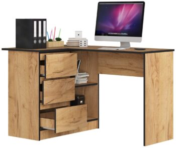 Písací stôl HERRA124L: Moderný dizajn s elegantným dubom Craft HERRA124L je písací stôl, ktorý spája moderný dizajn s klasickými tónmi duba Craft. Jeho unikátna farba a štýl dodajú detskej izbe, kancelárii či pracovne sofistikovaný a nadčasový vzhľad.  Dimenzia: S rozmermi 77 x 124 x 85 cm ponúka dostatok pracovnej plochy pre všetkých vaše aktivity. Materiál: Odolný LTD zaručuje dlhú životnosť a stabilitu stola. Farba: Elegantný a hlboký odtieň duba Craft pridáva stolu charakter a teplý vzhľad. Vybavenie: Tri zásuvky poskytujú praktické uloženie vašich potrieb a nástrojov. Police: Dve integrované police ponúkajú miesto na uloženie kníh, dokumentov alebo osobných dekorácií. Tvar: Rohový dizajn je ideálny pre efektívne využitie priestoru, zatiaľ čo poskytuje maximálny komfort pri práci. < /ul> Ľavé prevedenie. Stôl HERRA124L je nielen kvalitným nábytkom, ale aj elegantným doplnkom do vášho interiéru. Pokiaľ hľadáte kombináciu funkčnosti a moderného dizajnu, tento stôl je pre vás ideálnou voľbou.
