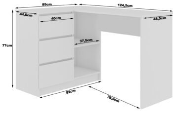 Písací stôl HERRA124L: Moderný dizajn s elegantným dubom Craft HERRA124L je písací stôl, ktorý spája moderný dizajn s klasickými tónmi duba Craft. Jeho unikátna farba a štýl dodajú detskej izbe, kancelárii či pracovne sofistikovaný a nadčasový vzhľad.  Dimenzia: S rozmermi 77 x 124 x 85 cm ponúka dostatok pracovnej plochy pre všetkých vaše aktivity. Materiál: Odolný LTD zaručuje dlhú životnosť a stabilitu stola. Farba: Elegantný a hlboký odtieň duba Craft pridáva stolu charakter a teplý vzhľad. Vybavenie: Tri zásuvky poskytujú praktické uloženie vašich potrieb a nástrojov. Police: Dve integrované police ponúkajú miesto na uloženie kníh, dokumentov alebo osobných dekorácií. Tvar: Rohový dizajn je ideálny pre efektívne využitie priestoru, zatiaľ čo poskytuje maximálny komfort pri práci. < /ul> Ľavé prevedenie. Stôl HERRA124L je nielen kvalitným nábytkom, ale aj elegantným doplnkom do vášho interiéru. Pokiaľ hľadáte kombináciu funkčnosti a moderného dizajnu, tento stôl je pre vás ideálnou voľbou.