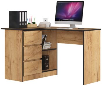 Písací stôl HERRA124L: Moderný dizajn s elegantným dubom Craft HERRA124L je písací stôl, ktorý spája moderný dizajn s klasickými tónmi duba Craft. Jeho unikátna farba a štýl dodajú detskej izbe, kancelárii či pracovne sofistikovaný a nadčasový vzhľad.  Dimenzia: S rozmermi 77 x 124 x 85 cm ponúka dostatok pracovnej plochy pre všetkých vaše aktivity. Materiál: Odolný LTD zaručuje dlhú životnosť a stabilitu stola. Farba: Elegantný a hlboký odtieň duba Craft pridáva stolu charakter a teplý vzhľad. Vybavenie: Tri zásuvky poskytujú praktické uloženie vašich potrieb a nástrojov. Police: Dve integrované police ponúkajú miesto na uloženie kníh, dokumentov alebo osobných dekorácií. Tvar: Rohový dizajn je ideálny pre efektívne využitie priestoru, zatiaľ čo poskytuje maximálny komfort pri práci. < /ul> Ľavé prevedenie. Stôl HERRA124L je nielen kvalitným nábytkom, ale aj elegantným doplnkom do vášho interiéru. Pokiaľ hľadáte kombináciu funkčnosti a moderného dizajnu, tento stôl je pre vás ideálnou voľbou.
