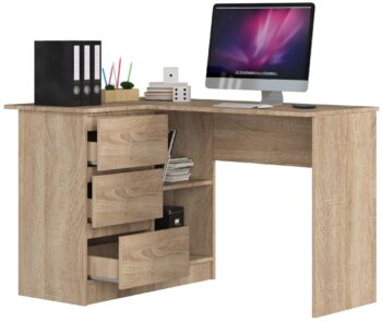 Písací stôl HERRA124L: Moderný dizajn v teplom odtieni duba Sonoma HERRA124L je moderne designovaný písací stôl, ktorý kombinuje funkcionalitu s estetickým vzhľadom duba Sonoma. Je ideálny pre detskú izbu, kanceláriu i pracovňu, kde vytvorí útulnú a súčasne efektívnu pracovnú atmosféru.  Dimenzia: Rozmery 77 x 124 x 85 cm zaisťujú dostatočný pracovný priestor.  Materiál: Vyrobený z odolného materiálu LTD, čo zaručuje dlhú životnosť stola. Farba: Krásny a pokojný odtieň duba Sonoma dodá interiéru teplý a prívetivý vzhľad. Vybavenie: Tri praktické zásuvky pre jednoduché uloženie všetkých potrieb. Police: Dve integrované police ponúkajú priestor na usporiadanie vašich kníh alebo dokumentov. Tvar: Rohový dizajn efektívne využíva priestor miestnosti a zároveň poskytuje komfort pri práci.  Ľavé prevedenie. Písací stôl HERRA124L sa stane centrálnym bodom vašej pracovnej zóny a dodá vášmu interiéru moderný a pritom klasický nádych. Je dokonalou voľbou pre tých, ktorí chcú spojiť praktickosť s výnimočným designom.