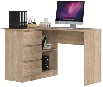Písací stôl HERRA124L: Moderný dizajn v teplom odtieni duba Sonoma HERRA124L je moderne designovaný písací stôl, ktorý kombinuje funkcionalitu s estetickým vzhľadom duba Sonoma. Je ideálny pre detskú izbu, kanceláriu i pracovňu, kde vytvorí útulnú a súčasne efektívnu pracovnú atmosféru.  Dimenzia: Rozmery 77 x 124 x 85 cm zaisťujú dostatočný pracovný priestor.  Materiál: Vyrobený z odolného materiálu LTD, čo zaručuje dlhú životnosť stola. Farba: Krásny a pokojný odtieň duba Sonoma dodá interiéru teplý a prívetivý vzhľad. Vybavenie: Tri praktické zásuvky pre jednoduché uloženie všetkých potrieb. Police: Dve integrované police ponúkajú priestor na usporiadanie vašich kníh alebo dokumentov. Tvar: Rohový dizajn efektívne využíva priestor miestnosti a zároveň poskytuje komfort pri práci.  Ľavé prevedenie. Písací stôl HERRA124L sa stane centrálnym bodom vašej pracovnej zóny a dodá vášmu interiéru moderný a pritom klasický nádych. Je dokonalou voľbou pre tých, ktorí chcú spojiť praktickosť s výnimočným designom.
