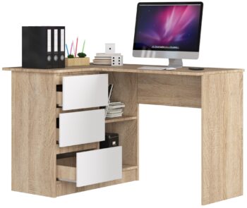 Písací stôl HERRA124L: Moderný dizajn v kombinácii duba Sonoma a bielej farby HERRA124L je moderne designovaný písací stôl, ktorý dokonale spája estetickú krásu duba Sonoma s čistotou bielej farby. Ideálne pre každú detskú izbu, kanceláriu či pracovňu, kde prinesie pocit sviežosti a súčasne elegantného dizajnu.  Dimenzia: Priestranný pracovný stôl s rozmermi 77 x 124 x 85 cm.  Materiál: Odolný a dlhoveký materiál LTD zaručuje kvalitu na dlhé roky. Farba: Skvelá kombinácia duba Sonoma a bielej dodáva stola jedinečný charakter. Vybavenie: Tri priestranné zásuvky na uskladnenie potrebných kancelárskych potrieb. Police: Dve integrované police ponúkajú dostatok priestoru pre knihy či dokumenty. Tvar: Rohová konštrukcia pre maximálne využitie priestoru v miestnosti.  Ľavé prevedenie. Moderný HERRA124L písací stôl je nielen praktickým, ale aj estetickým doplnkom vašej miestnosti. S kombináciou duba Sonoma a bielej farby sa stane neprehliadnuteľným kúskom nábytku, okolo ktorého sa bude točiť život vašej pracovnej zóny.