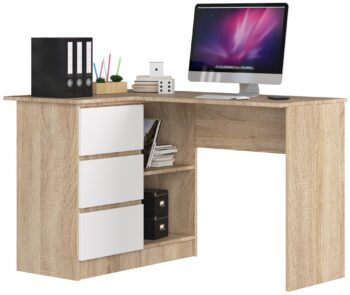 Písací stôl HERRA124L: Moderný dizajn v kombinácii duba Sonoma a bielej farby HERRA124L je moderne designovaný písací stôl, ktorý dokonale spája estetickú krásu duba Sonoma s čistotou bielej farby. Ideálne pre každú detskú izbu, kanceláriu či pracovňu, kde prinesie pocit sviežosti a súčasne elegantného dizajnu.  Dimenzia: Priestranný pracovný stôl s rozmermi 77 x 124 x 85 cm.  Materiál: Odolný a dlhoveký materiál LTD zaručuje kvalitu na dlhé roky. Farba: Skvelá kombinácia duba Sonoma a bielej dodáva stola jedinečný charakter. Vybavenie: Tri priestranné zásuvky na uskladnenie potrebných kancelárskych potrieb. Police: Dve integrované police ponúkajú dostatok priestoru pre knihy či dokumenty. Tvar: Rohová konštrukcia pre maximálne využitie priestoru v miestnosti.  Ľavé prevedenie. Moderný HERRA124L písací stôl je nielen praktickým, ale aj estetickým doplnkom vašej miestnosti. S kombináciou duba Sonoma a bielej farby sa stane neprehliadnuteľným kúskom nábytku, okolo ktorého sa bude točiť život vašej pracovnej zóny.