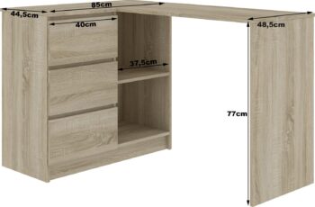 Písací stôl HERRA124L: Moderný dizajn v kombinácii duba Sonoma a bielej farby HERRA124L je moderne designovaný písací stôl, ktorý dokonale spája estetickú krásu duba Sonoma s čistotou bielej farby. Ideálne pre každú detskú izbu, kanceláriu či pracovňu, kde prinesie pocit sviežosti a súčasne elegantného dizajnu.  Dimenzia: Priestranný pracovný stôl s rozmermi 77 x 124 x 85 cm.  Materiál: Odolný a dlhoveký materiál LTD zaručuje kvalitu na dlhé roky. Farba: Skvelá kombinácia duba Sonoma a bielej dodáva stola jedinečný charakter. Vybavenie: Tri priestranné zásuvky na uskladnenie potrebných kancelárskych potrieb. Police: Dve integrované police ponúkajú dostatok priestoru pre knihy či dokumenty. Tvar: Rohová konštrukcia pre maximálne využitie priestoru v miestnosti.  Ľavé prevedenie. Moderný HERRA124L písací stôl je nielen praktickým, ale aj estetickým doplnkom vašej miestnosti. S kombináciou duba Sonoma a bielej farby sa stane neprehliadnuteľným kúskom nábytku, okolo ktorého sa bude točiť život vašej pracovnej zóny.