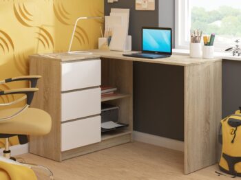Písací stôl HERRA124L: Moderný dizajn v kombinácii duba Sonoma a bielej farby HERRA124L je moderne designovaný písací stôl, ktorý dokonale spája estetickú krásu duba Sonoma s čistotou bielej farby. Ideálne pre každú detskú izbu, kanceláriu či pracovňu, kde prinesie pocit sviežosti a súčasne elegantného dizajnu.  Dimenzia: Priestranný pracovný stôl s rozmermi 77 x 124 x 85 cm.  Materiál: Odolný a dlhoveký materiál LTD zaručuje kvalitu na dlhé roky. Farba: Skvelá kombinácia duba Sonoma a bielej dodáva stola jedinečný charakter. Vybavenie: Tri priestranné zásuvky na uskladnenie potrebných kancelárskych potrieb. Police: Dve integrované police ponúkajú dostatok priestoru pre knihy či dokumenty. Tvar: Rohová konštrukcia pre maximálne využitie priestoru v miestnosti.  Ľavé prevedenie. Moderný HERRA124L písací stôl je nielen praktickým, ale aj estetickým doplnkom vašej miestnosti. S kombináciou duba Sonoma a bielej farby sa stane neprehliadnuteľným kúskom nábytku, okolo ktorého sa bude točiť život vašej pracovnej zóny.