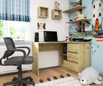 Moderný Písací stôl HERRA124P: Elegancia duba Artisan  Hľadáte dokonalý spojenec do vašej kancelárie alebo detskej izby? Písací stôl HERRA124P je tým správnym riešením. Jeho dizajn zdôrazňuje prirodzenú krásu duba Artisan a moderné rysy, ktoré sa snúbia s funkcionalitou.   Typ tovaru: Písací stôl Materiál: LTD - odolné a dlhoveké  Rozmery: 77 x 124 x 85 cm - ideálny rozmer pre väčšinu priestorov Farba: Prirodzený a teplý odtieň duba Artisan  Vybavenie: 3 praktické zásuvky na skladovanie potrieb Štýl: Moderné s dizajnovými prvkami Tvar: Rohový dizajn pre maximálne využitie priestoru Počet políc: 2 police na uskladnenie vašich potrieb  Pravé prevedenie.  Či už hľadáte dokonalý kúsok nábytku pre detskú izbu, kanceláriu alebo pracovňu, HERRA124P splní všetky vaše očakávania a stane sa nepostrádateľnou súčasťou vášho interiéru.