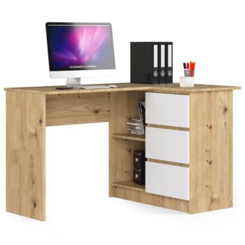 Písací stôl HERRA124P: Kombinácia elegancie duba artisan a čistoty bielej  So stolom HERRA124P získate kombináciu moderného dizajnu a funkčnosti, ktorá je ideálna pre detskú izbu, kanceláriu či pracovňu.   Typ tovaru: Písací stôl Materiál: LTD - záruka kvality a dlhej životnosti < li>Rozmery: 77 x 124 x 85 cm - optimálne rozmery pre väčšinu miestností Farba: Elegantný dub artisan kombinovaný s čistou bielou Vybavenie: 3 priestranné zásuvky pre všetky vaše potreby Štýl: Moderný dizajnový vzhľad Tvar:  Rohový dizajn pre efektívne využitie priestoru Počet políc: 2 police ponúkajú ďalšie miesto na uloženie alebo dekoráciu  Pravé prevedenie.  Zvoľte stôl HERRA124P pre svoj domov a spojte krásu duba artisan s funkčnosťou a štýlom, ktorý vyhovuje modernému životnému štýlu.