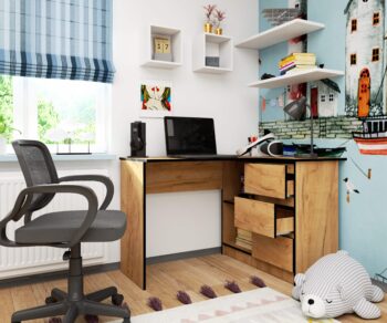 HERRA124P: Moderný písací stôl s autentickým dotykom duba! Hľadáte stôl, ktorý kombinuje modernú estetiku s teplom prírodného dreva? Písací stôl HERRA124P vo farbe dubu Craft predstavuje ideálne riešenie pre tých, ktorí chcú kombinovať moderný štýl s klasickými prvkami. Perfektný pre detskú izbu, kanceláriu alebo pracovňu.  Materiál: LTD - zaručuje vysokú odolnosť a dlhú životnosť Rozmery: 77 x 124 x 85 cm - priestranný pracovný priestor pre všetky vaše aktivity Vybavenie: 3 zásuvky - ľahké a organizované uloženie všetkých vašich nástrojov a dokumentov Tvar: Rohový - optimalizuje využitie priestoru a hodí sa do každého kúta miestnosti Štýl: Moderný a dizajnový - súčasný vzhľad s nádychom tradičného dreva Dekor: Dub Craft - pre hlboký a teplý vzhľad vášho pracovného priestoru Počet políc: 2 - praktický úložný priestor pre knihy, dokumenty či dekorácie  Pravé prevedenie. Dajte svojmu pracovnému alebo študijnému prostrediu nový nádych s HERRA124P!