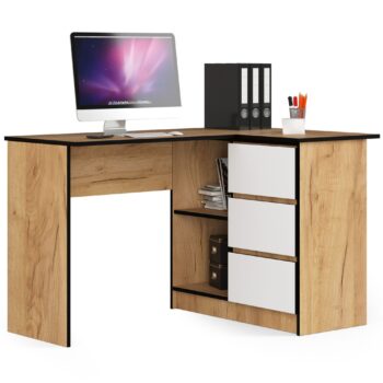 Moderný Písací stôl HERRA124P: Luxusná kombinácia dubu Craft biely  Vstúpte do sveta elegancie a funkcionalitou s písacím stolom HERRA124P. Jeho sofistikovaný dizajn a praktickosť vyniknú v každej detskej izbe, kancelárii či pracovni.   Typ tovaru: Písací stôl Materiál: LTD - trvanlivý a odolný proti opotrebovaniu < li>Rozmery: 77 x 124 x 85 cm - perfektne vyhovuje rôznym priestorom Farba: Elegancia duba Craft v bielom odtieni Vybavenie: 3 zásuvky na skladovanie všetkých vašich potrieb Štýl: Moderné s dôrazom na dizajn Tvar:  Rohový - skvelý pre úsporu miesta a efektívne využitie priestoru Počet políc: 2 police pre organizáciu a zobrazenie vašich vecí  Pravé prevedenie.  Prečo kompromisovať medzi štýlom a funkcionalitou, keď môžete mať oboje? HERRA124P je dokonalým riešením pre tých, ktorí chcú spojiť moderný dizajn s praktickosťou.