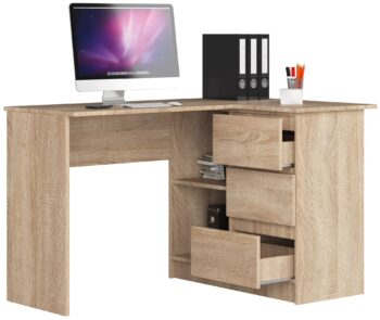 HERRA124P: Moderný písací stôl s elegantným nádychom duba Sonoma! Potrebujete štýlový a funkčný stôl pre detskú izbu, kanceláriu alebo pracovňu? Písací stôl HERRA124P vo farbe dubu Sonoma kombinuje moderný dizajn s prírodnou krásou dreva, ktorý sa ľahko hodí do rôznych interiérov.   Materiál: LTD - garantuje robustnosť a dlhú životnosť produktu. Rozmery: 77 x 124 x 85 cm - ideálne rozmery pre maximálny komfort pri práci. Vybavenie: 3 zásuvky - pre pohodlné a usporiadané uloženie potrebných vecí. Tvar: Rohový - šetrí miesto a dodáva stolu zaujímavý vzhľad.< /li> Štýl: Moderný a dizajnový - dokonalý kúsok do každého moderne zariadeného priestoru. Farba: Dub Sonoma - teplý a elegantný odtieň pre harmonickú atmosféru. Počet políc: 2 - perfektný pre uloženie kníh, dokumentov alebo dekorácií.  Pravé prevedenie. Moderný dizajn spojený s tradíciou. Urobte svoje pracovné miesto výnimočným s HERRA124P!