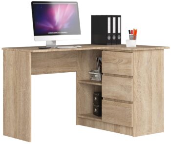 HERRA124P: Moderný písací stôl s elegantným nádychom duba Sonoma! Potrebujete štýlový a funkčný stôl pre detskú izbu, kanceláriu alebo pracovňu? Písací stôl HERRA124P vo farbe dubu Sonoma kombinuje moderný dizajn s prírodnou krásou dreva, ktorý sa ľahko hodí do rôznych interiérov.   Materiál: LTD - garantuje robustnosť a dlhú životnosť produktu. Rozmery: 77 x 124 x 85 cm - ideálne rozmery pre maximálny komfort pri práci. Vybavenie: 3 zásuvky - pre pohodlné a usporiadané uloženie potrebných vecí. Tvar: Rohový - šetrí miesto a dodáva stolu zaujímavý vzhľad.< /li> Štýl: Moderný a dizajnový - dokonalý kúsok do každého moderne zariadeného priestoru. Farba: Dub Sonoma - teplý a elegantný odtieň pre harmonickú atmosféru. Počet políc: 2 - perfektný pre uloženie kníh, dokumentov alebo dekorácií.  Pravé prevedenie. Moderný dizajn spojený s tradíciou. Urobte svoje pracovné miesto výnimočným s HERRA124P!