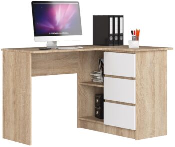 HERRA124P: Elegantný písací stôl v kombinácii duba Sonoma a bielej farby! Hľadáte stôl, ktorý by dokonale zapadol do detskej izby, kancelárie či pracovne? HERRA124P prináša kombináciu moderného dizajnu a praktickosti vo farbách dubu Sonoma a bielej.  Materiál: LTD - pre dlhú životnosť a odolnosť proti opotrebovaniu. Rozmery: 77 x 124 x 85 cm - optimálne rozmery pre pohodlnú prácu. Vybavenie: 3 zásuvky - dostatok úložného priestoru pre vaše potreby. Tvar: Rohový - ideálny na využitie každého kúta miestnosti. Štýl: Moderný a dizajnový - dokonalé spojenie estetiky a funkčnosti. Farba: Dub Sonoma + biela - kombinácia, ktorá prinesie sviežosť a teplý vzhľad.  Počet políc: 2 - pre rýchly prístup k dôležitým dokumentom či knihám.  Pravé prevedenie. Premeňte svoj pracovný priestor na oázu pohodlia a štýlu s HERRA124P!