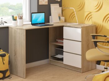 HERRA124P: Elegantný písací stôl v kombinácii duba Sonoma a bielej farby! Hľadáte stôl, ktorý by dokonale zapadol do detskej izby, kancelárie či pracovne? HERRA124P prináša kombináciu moderného dizajnu a praktickosti vo farbách dubu Sonoma a bielej.  Materiál: LTD - pre dlhú životnosť a odolnosť proti opotrebovaniu. Rozmery: 77 x 124 x 85 cm - optimálne rozmery pre pohodlnú prácu. Vybavenie: 3 zásuvky - dostatok úložného priestoru pre vaše potreby. Tvar: Rohový - ideálny na využitie každého kúta miestnosti. Štýl: Moderný a dizajnový - dokonalé spojenie estetiky a funkčnosti. Farba: Dub Sonoma + biela - kombinácia, ktorá prinesie sviežosť a teplý vzhľad.  Počet políc: 2 - pre rýchly prístup k dôležitým dokumentom či knihám.  Pravé prevedenie. Premeňte svoj pracovný priestor na oázu pohodlia a štýlu s HERRA124P!