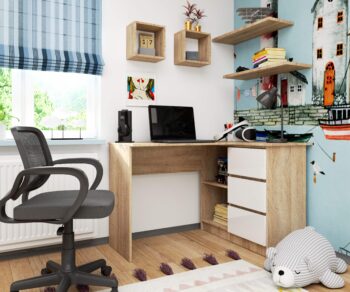 HERRA124P: Elegantný písací stôl v kombinácii duba Sonoma a bielej farby! Hľadáte stôl, ktorý by dokonale zapadol do detskej izby, kancelárie či pracovne? HERRA124P prináša kombináciu moderného dizajnu a praktickosti vo farbách dubu Sonoma a bielej.  Materiál: LTD - pre dlhú životnosť a odolnosť proti opotrebovaniu. Rozmery: 77 x 124 x 85 cm - optimálne rozmery pre pohodlnú prácu. Vybavenie: 3 zásuvky - dostatok úložného priestoru pre vaše potreby. Tvar: Rohový - ideálny na využitie každého kúta miestnosti. Štýl: Moderný a dizajnový - dokonalé spojenie estetiky a funkčnosti. Farba: Dub Sonoma + biela - kombinácia, ktorá prinesie sviežosť a teplý vzhľad.  Počet políc: 2 - pre rýchly prístup k dôležitým dokumentom či knihám.  Pravé prevedenie. Premeňte svoj pracovný priestor na oázu pohodlia a štýlu s HERRA124P!