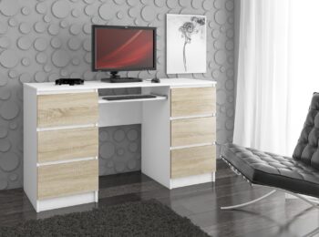 Štýlový písací stôl JIRÍ135: Spojenie funkčnosti a elegancie  Predstavujeme vám JIRÍ135 - moderný písací stôl, ktorý prináša dokonalú kombináciu dizajnu a praktickosti. Jeho estetický vzhľad a kvalitné prevedenie z neho robia nevyhnutný kúsok pre vašu detskú izbu, kanceláriu či pracovňu.   Typ tovaru: Písací stôl - ideálny pre produktívnu prácu či kreatívne aktivity Materiál: Odolný a dlho trvajúci LTD Rozmery: 77 x 135 x 50 cm - ponúka dostatok pracovnej plochy Farba: Svieža biela doplnená teplým odtieňom duba Sonoma Vybavenie: 6 priestranných zásuviek a výsuvná doska na klávesnici pre maximálny komfort Štýl: Moderný a dizajnový vzhľad, ktorý zaujme na prvý pohľad   Či už hľadáte stôl pre štúdium, prácu alebo kreatívne projekty, JURÍ135 je ideálnym riešením, ktoré splní všetky vaše potreby a stane sa skvelým doplnkom vášho interiéru.