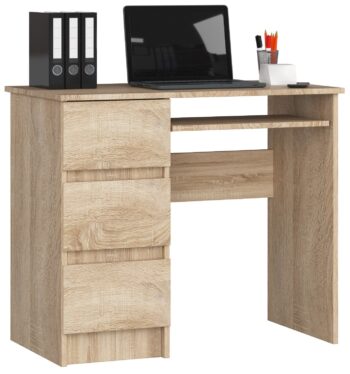 JIRÍ90L: Moderný Písací Stôl v Prírodnom Odtieni Duba Sonoma  Zoznámte sa s JIRÍ90L, elegantným písacím stolom v odtieni dub Sonoma. Tento moderný a dizajnový kúsok nábytku je ideálny pre detskú izbu, kanceláriu aj pracovňu. Jeho prírodný vzhľad a praktická konštrukcia splní všetky vaše očakávania od dokonalého pracovného stola.   Materiál: LTD - trvanlivý a odolný materiál garantujúci dlhú životnosť produktu. Farba: Teplý odtieň dub Sonoma , Ktorý prinesie do vášho interiéru kúsok prírody. Rozmery: 77 x 90 x 50 cm - ideálna veľkosť pre pohodlnú prácu a maximálne využitie priestoru. < strong>Vybavenie: Tri zásuvky pre jednoduchú organizáciu vašich kancelárskych potrieb. Štýl: Moderné a dizajnové prevedenie, ktoré sa ľahko začlenia do každého interiéru. Polica: Praktická polička pre rýchly prístup k vašim najčastejšie používaným veciam.  Ľavé prevedenie. Ak hľadáte kombináciu estetiky a funkčnosti, JIRÍ90L je stôl, ktorý vás nesklame. Urobte z vašej pracovne miesto, kde budete radi tráviť čas.