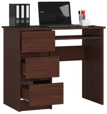 JIRÍ90L: Moderný Písací Stôl pre Detskú Izbu a Kancelária  Predstavujeme Vám JIRÍ90L, dizajnový písací stôl v elegantnej farbe wenge, ktorý je ideálnou voľbou pre detskú izbu, kanceláriu i pracovňu . S jeho moderným a zároveň praktickým designom sa stane nepostrádateľným kúskom vášho interiéru.   Materiál: Kvalitný a trvanlivý LTD pre dlhodobé využitie. Farba: Prírodný a sýty odtieň wenge dodá vášmu priestoru teplý a elegantný vzhľad. Rozmery: 77 x 90 x 50 cm - optimálne rozmery pre komfortnú prácu a efektívne využitie priestoru. Vybavenie : 3 priestranné zásuvky poskytujú dostatok úložného priestoru pre všetky vaše potreby. Štýl: Moderné a dizajnové prevedenie, ktoré je v súlade s najnovšími trendmi v oblasti bývania.< /li> Polica: 1 praktická polička na umiestnenie vašich najdôležitejších vecí v dosahu ruky.  Ľavé prevedenie.  Ak chcete kombinovať funkčnosť s výnimočným dizajnom, je JIRÍ90L ideálnou voľbou. Objavte krásu a pohodlie tohto moderného písacieho stola.