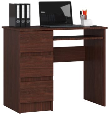 JIRÍ90L: Moderný Písací Stôl pre Detskú Izbu a Kancelária  Predstavujeme Vám JIRÍ90L, dizajnový písací stôl v elegantnej farbe wenge, ktorý je ideálnou voľbou pre detskú izbu, kanceláriu i pracovňu . S jeho moderným a zároveň praktickým designom sa stane nepostrádateľným kúskom vášho interiéru.   Materiál: Kvalitný a trvanlivý LTD pre dlhodobé využitie. Farba: Prírodný a sýty odtieň wenge dodá vášmu priestoru teplý a elegantný vzhľad. Rozmery: 77 x 90 x 50 cm - optimálne rozmery pre komfortnú prácu a efektívne využitie priestoru. Vybavenie : 3 priestranné zásuvky poskytujú dostatok úložného priestoru pre všetky vaše potreby. Štýl: Moderné a dizajnové prevedenie, ktoré je v súlade s najnovšími trendmi v oblasti bývania.< /li> Polica: 1 praktická polička na umiestnenie vašich najdôležitejších vecí v dosahu ruky.  Ľavé prevedenie.  Ak chcete kombinovať funkčnosť s výnimočným dizajnom, je JIRÍ90L ideálnou voľbou. Objavte krásu a pohodlie tohto moderného písacieho stola.