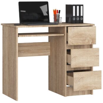 Moderný Písací Stôl JIRÍ90P v Dub Sonoma  Potrebujete dokonalý písací stôl, ktorý sa hodí do modernej detskej izby, kancelárie či pracovne? JURÍ90P kombinuje elegantný dizajn s funkcionalitou, ktorú očakávate.   Materiál: LTD - pre dlhodobú trvanlivosť a odolnosť. Farba: Dub Sonoma - prírodný vzhľad, ktorý pridá teplý dotyk do vášho interiéru. Rozmery: 77 x 90 x 50 cm - optimálne rozmery pre väčšinu miestností. Vybavenie: 3 zásuvky - poskytujú dostatok úložného priestoru pre vaše kancelárske potreby. Štýl: Moderný a dizajnový - ideálny pre súčasné bytové trendy.  Police: Jedna praktická polička na uskladnenie dokumentov alebo vystavenie dekorácií.  Pravé prevedenie.  So stolom JIRÍ90P získate nielen funkčný kancelársky nábytok, ale aj dizajnový prvok, ktorý oživí akýkoľvek priestor. Investujte do kvality a štýlu s naším moderným písacím stolom.