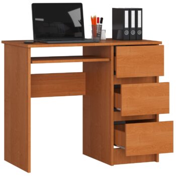 Moderný Písací Stôl JIRÍ90P v odtieni jelše  Uvažujete o novom stole, ktorý by sa skvele hodil do detskej izby, kancelárie alebo pracovne? Náš JURÍ90P kombinuje štýlový vzhľad s funkcionalitou, ktorú od moderného písacieho stola očakávate.   Materiál: LTD - vysoko kvalitný a odolný materiál pre dlhú životnosť. Farba: Jelša - teplý a prírodný odtieň, ktorý dodá priestoru pohodlia. Rozmery: 77 x 90 x 50 cm - ideálny pre každodenné použitie a prácu. Vybavenie:  3 zásuvky - priestor na uloženie všetkých vašich potrieb a dokumentov. Štýl: Moderný a dizajnový - pre tých, ktorí chcú mať doma najnovšie trendy. Polica: Jedna polička - perfektné miesto pre knihy alebo ďalšie dekorácie.  Pravé prevedenie. Ak hľadáte stôl, ktorý spája najnovšie dizajnové trendy s praktickosťou, JIRÍ90P je jasnou voľbou. Objednajte si ešte dnes a premeňte svoj interiér!