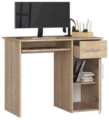 Dizajnový Písací stôl MELANIA90 vo farbe dub Sonoma MELANIA90 reprezentuje kombináciu elegancie a funkčnosti v stredomorskom štýle dub Sonoma. Tento písací stôl sa dokonale hodí do detskej izby, kancelárie i pracovne a dodá vášmu interiéru teplý a moderný nádych.  Materiál: Vysoká kvalita LTD - pre dlhú životnosť a odolnosť . Rozmery: 74 x 90 x 50 cm - opticky sa hodí do menších aj väčších miestností. Farba: Teplý odtieň dub Sonoma - prináša pocit útulnosti a elegancie. Vybavenie: 1 praktická zásuvka a výsuvná doska pre klávesnicu pre ergonomickú prácu. Štýl:  Moderný a dizajnový vzhľad, ktorý osloví milovníkov aktuálnych trendov. Počet políc: 3 - ideálny pre organizáciu vašich potrieb a dokumentov.  MELANIA90 je nielen funkčný a esteticky atraktívny, ale aj vyrobený z materiálov najvyššej kvality. Urobte svoj pracovný priestor moderným a štýlovým s týmto nádherným stolom!