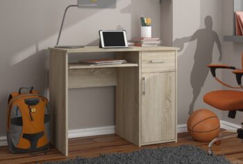 Dizajnový Písací stôl MELANIA90 vo farbe dub Sonoma MELANIA90 reprezentuje kombináciu elegancie a funkčnosti v stredomorskom štýle dub Sonoma. Tento písací stôl sa dokonale hodí do detskej izby, kancelárie i pracovne a dodá vášmu interiéru teplý a moderný nádych.  Materiál: Vysoká kvalita LTD - pre dlhú životnosť a odolnosť . Rozmery: 74 x 90 x 50 cm - opticky sa hodí do menších aj väčších miestností. Farba: Teplý odtieň dub Sonoma - prináša pocit útulnosti a elegancie. Vybavenie: 1 praktická zásuvka a výsuvná doska pre klávesnicu pre ergonomickú prácu. Štýl:  Moderný a dizajnový vzhľad, ktorý osloví milovníkov aktuálnych trendov. Počet políc: 3 - ideálny pre organizáciu vašich potrieb a dokumentov.  MELANIA90 je nielen funkčný a esteticky atraktívny, ale aj vyrobený z materiálov najvyššej kvality. Urobte svoj pracovný priestor moderným a štýlovým s týmto nádherným stolom!