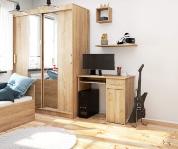 Dizajnový Písací stôl MELANIA90 vo farbe dub Sonoma MELANIA90 reprezentuje kombináciu elegancie a funkčnosti v stredomorskom štýle dub Sonoma. Tento písací stôl sa dokonale hodí do detskej izby, kancelárie i pracovne a dodá vášmu interiéru teplý a moderný nádych.  Materiál: Vysoká kvalita LTD - pre dlhú životnosť a odolnosť . Rozmery: 74 x 90 x 50 cm - opticky sa hodí do menších aj väčších miestností. Farba: Teplý odtieň dub Sonoma - prináša pocit útulnosti a elegancie. Vybavenie: 1 praktická zásuvka a výsuvná doska pre klávesnicu pre ergonomickú prácu. Štýl:  Moderný a dizajnový vzhľad, ktorý osloví milovníkov aktuálnych trendov. Počet políc: 3 - ideálny pre organizáciu vašich potrieb a dokumentov.  MELANIA90 je nielen funkčný a esteticky atraktívny, ale aj vyrobený z materiálov najvyššej kvality. Urobte svoj pracovný priestor moderným a štýlovým s týmto nádherným stolom!