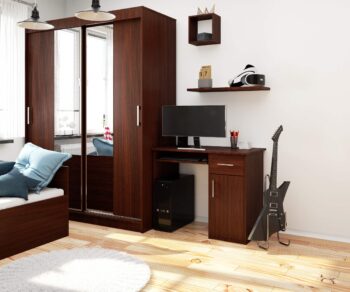 Moderný Písací stôl MELANIA90 v elegantnej farbe wenge MELANIA90 je symbolom kombinácie štýlu a praktickosti. V exkluzívnej farbe wenge tento písací stôl predstavuje dokonalý kúsok nábytku pre detskú izbu, kanceláriu alebo pracovňu.  Materiál: Vyrobené z vysoko kvalitného a odolného LTD. Rozmery: 74 x 90 x 50 cm - ideálna veľkosť pre každý typ miestnosti. Farba: Tmavý a elegantný odtieň wenge - pre moderné vzhľad vášho interiéru. Vybavenie: S jednou zásuvkou a výsuvnou doskou na klávesnici pre maximálny komfort pri práci. Štýl: Moderný a dizajnový vzhľad, ktorý dodá charakter akémukoľvek priestoru. Počet políc: 3 - na usporiadanie všetkých vašich potrieb a pracovných nástrojov.   MELANIA90 kombinuje funkcionalitu s estetickým dizajnom. Urobte svoj pracovný priestor výnimočným s týmto nádherným stolom!