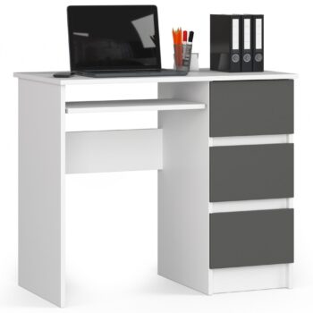 Moderný Písací Stôl PEGAS90P: Elegancia pre každý interiér Objavte kúzlo kombinácie elegancie a funkčnosti s PEGAS90P, písacím stolom navrhnutým pre tých, ktorí chcú najlepšie pre svoju detskú izbu, kanceláriu či pracovňu. Navrhnutý v modernom a dizajnovom štýle, tento stôl je dokonalou voľbou pre súčasné interiéry.  Dimenzia: 77 x 90 x 50 cm - optimálne rozmery pre všetky potreby. Materiál: Kvalitné LTD - zaručuje dlhú životnosť a odolnosť. Farba: Elegantná kombinácia bielej a grafitu - univerzálny vzhľad, ktorý sa ľahko kombinuje. Vybavenie: Tri priestranné zásuvky a výsuvná doska na klávesnici pre komfortnú a organizovanú prácu. Štýl: Moderné a dizajnový vzhľad pre sofistikované priestory. Polička: Užitočná na uloženie všetkých vašich potrieb a predmetov.  Pravé prevedenie. Nestrácajte čas s hľadaním toho správneho stola. PEGAS90P vám ponúka ideálnu kombináciu dizajnu, funkčnosti a kvality. Presvedčte sa sami o jeho nezameniteľnom štýle a pridajte tento kúsok do svojho interiéru ešte dnes.