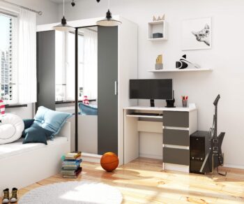 Moderný Písací Stôl PEGAS90P: Elegancia pre každý interiér Objavte kúzlo kombinácie elegancie a funkčnosti s PEGAS90P, písacím stolom navrhnutým pre tých, ktorí chcú najlepšie pre svoju detskú izbu, kanceláriu či pracovňu. Navrhnutý v modernom a dizajnovom štýle, tento stôl je dokonalou voľbou pre súčasné interiéry.  Dimenzia: 77 x 90 x 50 cm - optimálne rozmery pre všetky potreby. Materiál: Kvalitné LTD - zaručuje dlhú životnosť a odolnosť. Farba: Elegantná kombinácia bielej a grafitu - univerzálny vzhľad, ktorý sa ľahko kombinuje. Vybavenie: Tri priestranné zásuvky a výsuvná doska na klávesnici pre komfortnú a organizovanú prácu. Štýl: Moderné a dizajnový vzhľad pre sofistikované priestory. Polička: Užitočná na uloženie všetkých vašich potrieb a predmetov.  Pravé prevedenie. Nestrácajte čas s hľadaním toho správneho stola. PEGAS90P vám ponúka ideálnu kombináciu dizajnu, funkčnosti a kvality. Presvedčte sa sami o jeho nezameniteľnom štýle a pridajte tento kúsok do svojho interiéru ešte dnes.