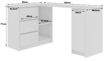 SCYL155L: Dizajnová elegancia s čiernym leskom Objavte SCYL155L, písací stôl, ktorý kombinuje moderný vzhľad s praktickosťou. Jeho kontrastné farby a lesklý dekor predstavujú ideálnu voľbu pre detskú izbu, kanceláriu aj pracovňu.  Typ tovaru: Písací stôl Materiál : Kvalitné LTD Rozmer: 77 x 155 x 85 cm Farba: Čisto biela s doplnkami v čiernom lesku Vybavenie: 3 zásuvky pre ľahké skladovanie Štýl: Moderný a dizajnový vzhľad  Dekor: Lesk, pre dokonalý vzhľad a jednoduchú údržbu Tvar: Rohový – optimálne využije váš priestor Počet políc: 4, pre perfektnú organizáciu vašich vecí  Ľavé prevedenie. Stôl SCYL155L predstavuje kombináciu elegancie a funkčnosti. Jeho moderný dizajn doplnený čiernym leskom prinesie do vášho interiéru sviežosť a luxusný vzhľad.