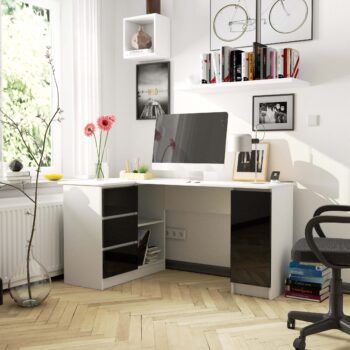 SCYL155L: Dizajnová elegancia s čiernym leskom Objavte SCYL155L, písací stôl, ktorý kombinuje moderný vzhľad s praktickosťou. Jeho kontrastné farby a lesklý dekor predstavujú ideálnu voľbu pre detskú izbu, kanceláriu aj pracovňu.  Typ tovaru: Písací stôl Materiál : Kvalitné LTD Rozmer: 77 x 155 x 85 cm Farba: Čisto biela s doplnkami v čiernom lesku Vybavenie: 3 zásuvky pre ľahké skladovanie Štýl: Moderný a dizajnový vzhľad  Dekor: Lesk, pre dokonalý vzhľad a jednoduchú údržbu Tvar: Rohový – optimálne využije váš priestor Počet políc: 4, pre perfektnú organizáciu vašich vecí  Ľavé prevedenie. Stôl SCYL155L predstavuje kombináciu elegancie a funkčnosti. Jeho moderný dizajn doplnený čiernym leskom prinesie do vášho interiéru sviežosť a luxusný vzhľad.