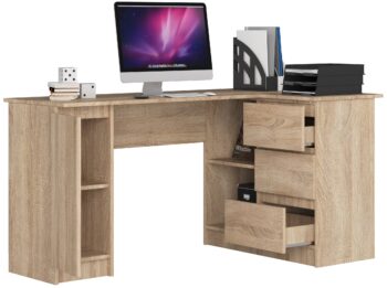 SCYL155P: Moderný rohový písací stôl pre vašu pracovňu aj detskú izbu! Typ tovaru: Písací stôl, ktorý dokonale zapadne do detskej izby, kancelárie či pracovne< /strong>. S jeho dizajnovým a moderným vzhľadom okamžite premeníte každú miestnosť na štylizovaný priestor. Materiál: LTD - odolný a trvanlivý materiál, ktorý zaručuje dlhú životnosť vášho nového stola. < p>Farba: Dub Sonoma - elegantná a nadčasová farba, ktorá dodá interiéru teplý a prírodný vzhľad. Vybavenie:  3 zásuvky na pohodlné uloženie všetkých vašich dokumentov a kancelárskych potrieb. 4 police ideálne pre organizáciu kníh, zložiek alebo dekorácií.   Pravé prevedenie. Rozmer: 85 x 155 x 85 cm - priestranný stôl, ktorý poskytuje dostatok miesta pre všetky vaše činnosti. Štýl a tvar: Moderný dizajnový vzhľad kombinovaný s rohovou konštrukciou, ktorý vám umožní maximálne využiť priestor v miestnosti. Zainvestujte do SCYL155P a priveďte si do domova kúsok modernej elegancie!