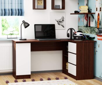 SCYL155P: Elegancia a funkčnosť v jednom písacom stole! Typ tovaru: Písací stôl - perfektný doplnok pre každú detskú izbu, kanceláriu či pracovňu . Vytvorte priestor, kde inšpirácia stretáva pohodlie. Materiál: LTD - pre garantovanú odolnosť a dlhú životnosť nábytku. Farba: Štýlová kombinácia tmavého wenge a svieža biela dodáva stolu sofistikovaný a moderný vzhľad. Vybavenie:   3 užitočné zásuvky na uloženie všetkých vašich potrieb a dokumentov. 4 pohodlné police na uskladnenie kníh, dekorácií alebo osobných predmetov.   Pravé prevedenie. Rozmer: 77 x 155 x 85 cm - ideálne rozmery pre maximálny komfort pri práci s rešpektom k priestoru. Štýl a tvar: Moderné a dizajnový vzhľad v rohovom prevedení optimalizuje využitie miesta a stáva sa výrazným prvkom vášho interiéru. Písací stôl SCYL155P - kde sa stretáva kvalita s moderným dizajnom. Urobte krok k dokonalej pracovnej atmosfére!