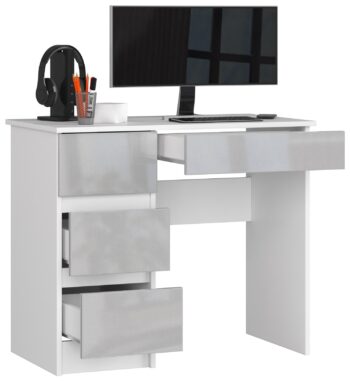 Moderný Písací Stôl ZEUS90L v bielej farbe s metalickým leskom  Hľadáte ideálny stôl pre detskú izbu, kanceláriu alebo pracovňu? ZEUS90L ponúka perfektnú kombináciu moderného dizajnu a funkčnosti, ktorá splní všetky vaše požiadavky.   Materiál: LTD - zaisťuje vysokú odolnosť a dlhú životnosť stola. Farba: Svieža biela doplnená metalickým leskom - luxusný vzhľad pre váš interiér. Rozmery: 77 x 90 x 50 cm - optimálne rozmery pre komfortnú prácu. Vybavenie: strong> 4 priestranné zásuvky - dostatok úložného priestoru pre všetky vaše potreby. Štýl: Moderný a dizajnový s lesklým dekorom - stôl, ktorý sa stane centrom pozornosti. < /ul> Ľavé prevedenie. Ak hľadáte kvalitný a zároveň esteticky atraktívny písací stôl, ZEUS90L je tou pravou voľbou pre vás. Pridajte do svojho interiéru kúsok luxusu!