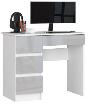 Moderný Písací Stôl ZEUS90L v bielej farbe s metalickým leskom  Hľadáte ideálny stôl pre detskú izbu, kanceláriu alebo pracovňu? ZEUS90L ponúka perfektnú kombináciu moderného dizajnu a funkčnosti, ktorá splní všetky vaše požiadavky.   Materiál: LTD - zaisťuje vysokú odolnosť a dlhú životnosť stola. Farba: Svieža biela doplnená metalickým leskom - luxusný vzhľad pre váš interiér. Rozmery: 77 x 90 x 50 cm - optimálne rozmery pre komfortnú prácu. Vybavenie: strong> 4 priestranné zásuvky - dostatok úložného priestoru pre všetky vaše potreby. Štýl: Moderný a dizajnový s lesklým dekorom - stôl, ktorý sa stane centrom pozornosti. < /ul> Ľavé prevedenie. Ak hľadáte kvalitný a zároveň esteticky atraktívny písací stôl, ZEUS90L je tou pravou voľbou pre vás. Pridajte do svojho interiéru kúsok luxusu!