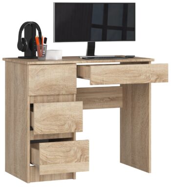 Moderný Písací Stôl ZEUS90L v elegantnom dekore dub Sonoma  Hľadáte dokonalý stôl, ktorý sa hodí ako do detskej izby, tak do kancelárie alebo pracovne? ZEUS90L kombinuje funkčnosť a estetiku, čo ho robí ideálnym výberom pre každý interiér.   Materiál: LTD - zaručuje dlhú životnosť a odolnosť proti opotrebovaniu. Farba: Dub Sonoma - klasický a zároveň moderný vzhľad, ktorý sa ľahko kombinuje s ostatným nábytkom. Rozmery: 77 x 90 x 50 cm - ideálne rozmery pre pohodlné používanie. Vybavenie: 4 priestranné zásuvky - veľa úložného priestoru pre všetky vaše dokumenty a kancelárske potreby. Štýl: Moderný a dizajnový - stôl, ktorý oživí každý interiér.< /li>  Ľavé prevedenie.  Ak túžite po kvalitnom, funkčnom a zároveň esteticky pôsobivom písacom stole, ZEUS90L je jasnou voľbou pre váš domov alebo kanceláriu.