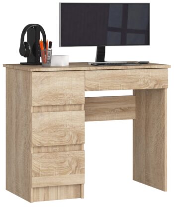 Moderný Písací Stôl ZEUS90L v elegantnom dekore dub Sonoma  Hľadáte dokonalý stôl, ktorý sa hodí ako do detskej izby, tak do kancelárie alebo pracovne? ZEUS90L kombinuje funkčnosť a estetiku, čo ho robí ideálnym výberom pre každý interiér.   Materiál: LTD - zaručuje dlhú životnosť a odolnosť proti opotrebovaniu. Farba: Dub Sonoma - klasický a zároveň moderný vzhľad, ktorý sa ľahko kombinuje s ostatným nábytkom. Rozmery: 77 x 90 x 50 cm - ideálne rozmery pre pohodlné používanie. Vybavenie: 4 priestranné zásuvky - veľa úložného priestoru pre všetky vaše dokumenty a kancelárske potreby. Štýl: Moderný a dizajnový - stôl, ktorý oživí každý interiér.< /li>  Ľavé prevedenie.  Ak túžite po kvalitnom, funkčnom a zároveň esteticky pôsobivom písacom stole, ZEUS90L je jasnou voľbou pre váš domov alebo kanceláriu.